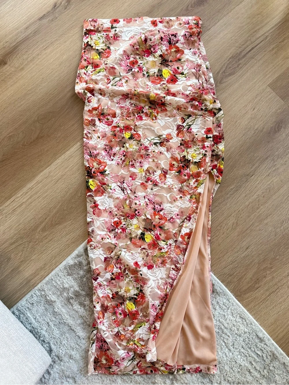 Floral Lace Side-Slit Midi Skirt - Pink